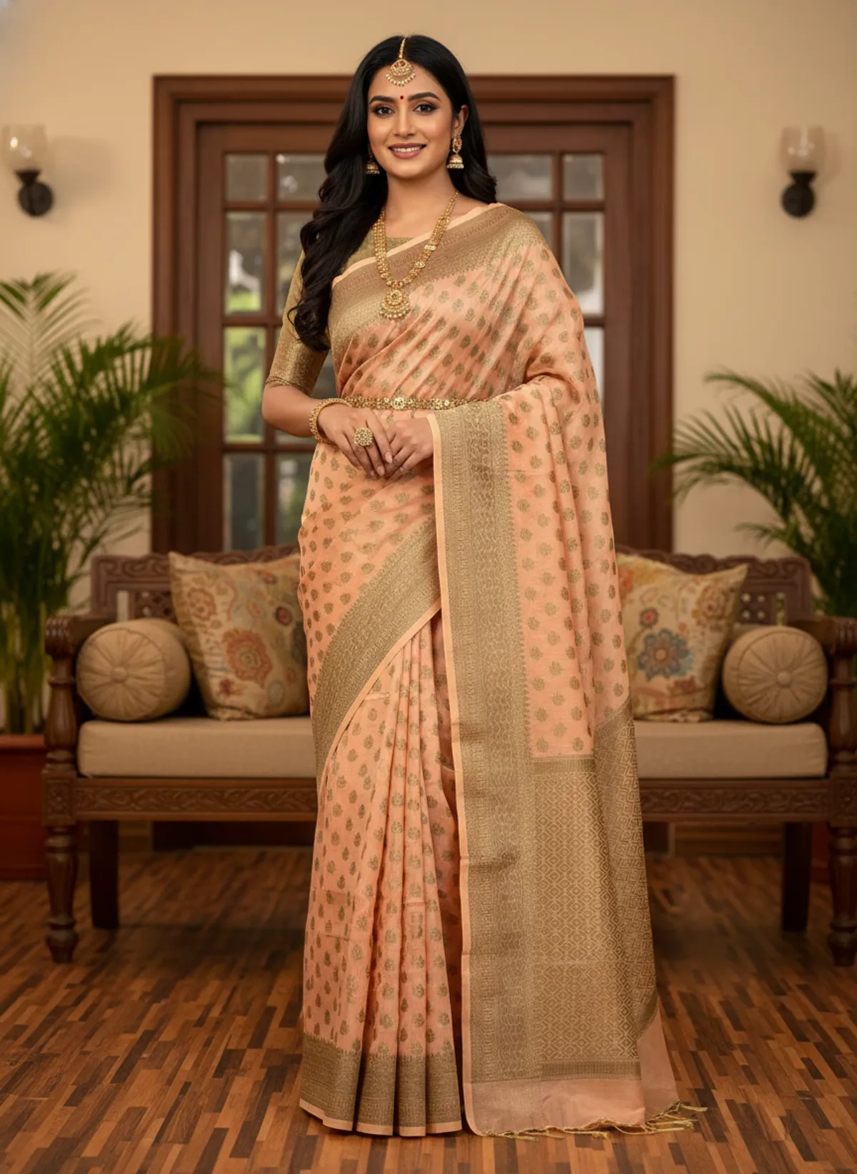 Peach Banarasi Kota Silk Zari Weaved Saree